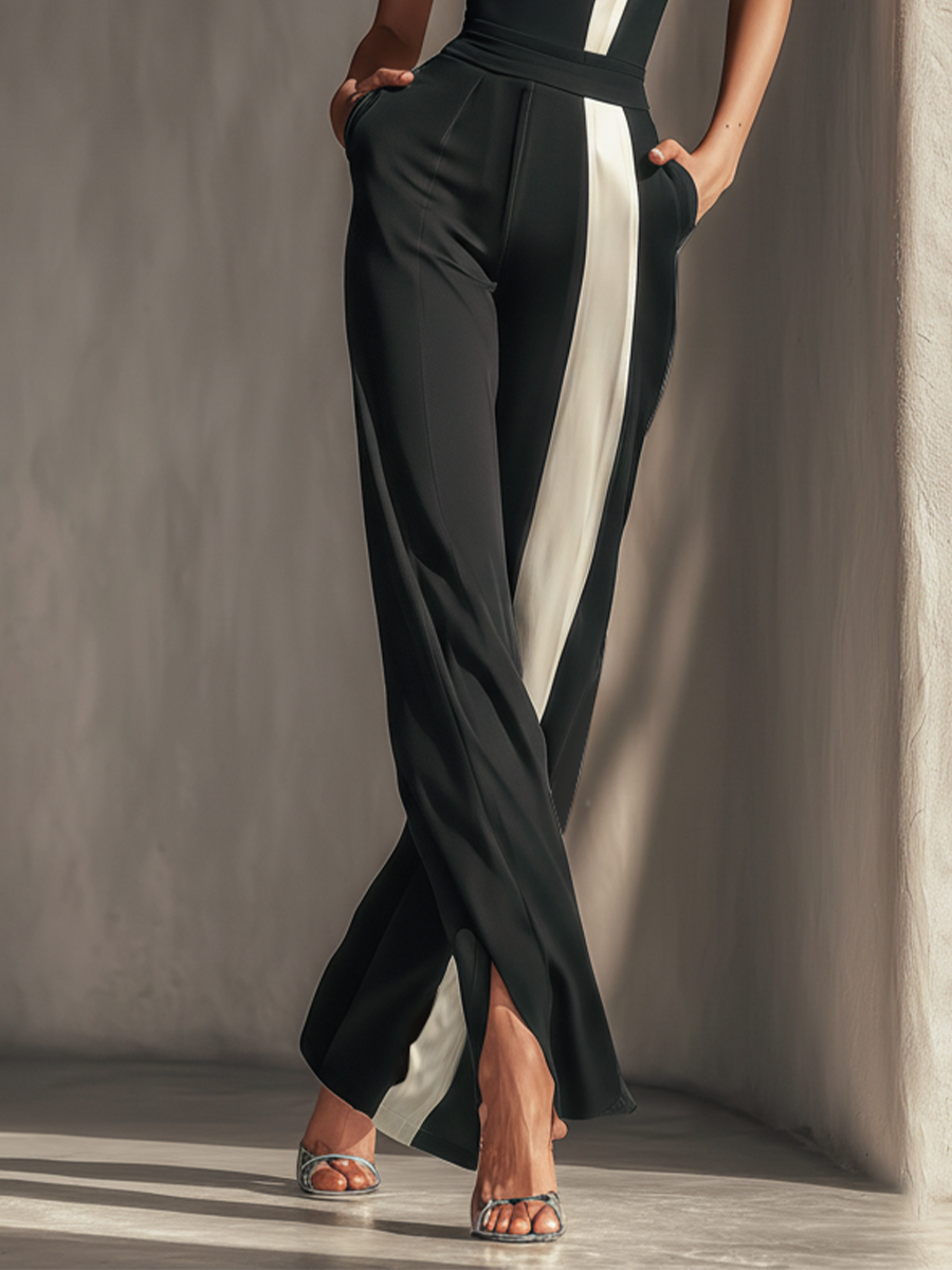jumpsuit ללא רצועות נשים בשחור עם פסים אנכיים לבנים מנוגדים וכיסים צדדיים MDZ0336C7T