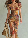 שמלות מקסי אלגנטיות עם מחשוף מרובע, שרוולים קצרים ודוגמאות פרחוניות