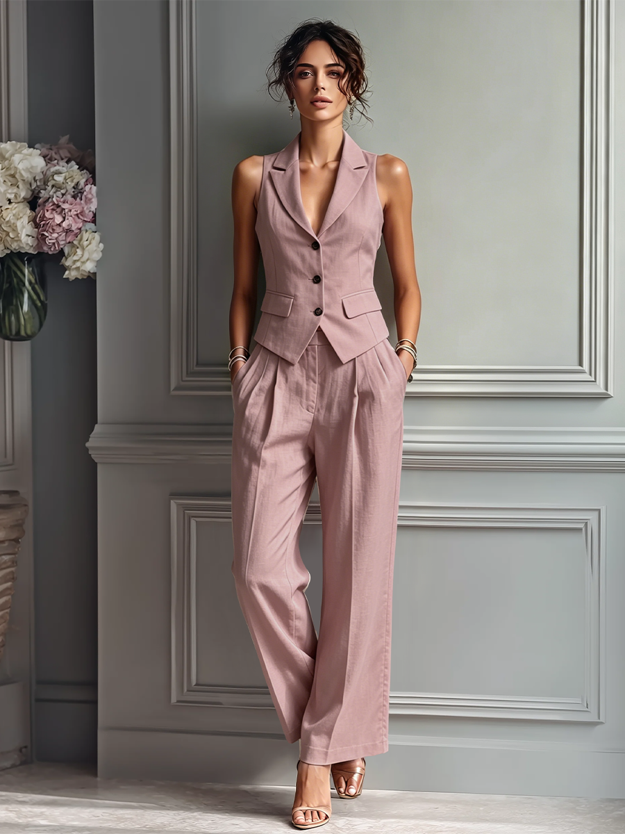 וסט ללא שרוולים מבד פשתן ורוד סמוק לנשים ומכנסיים רחבים - סט דו חלקי עם צווארון לאפלה MDZ3005A5T