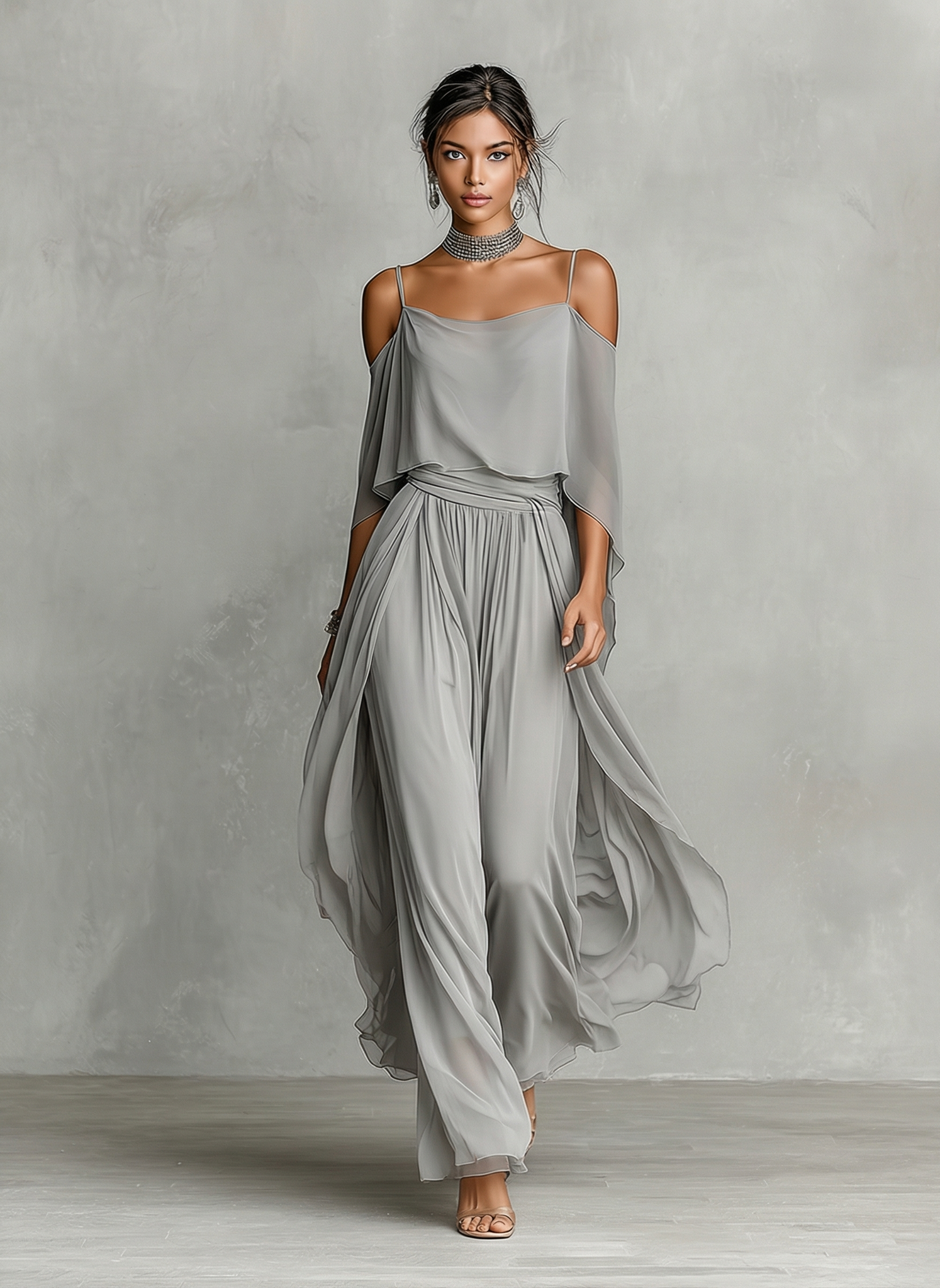 סט chiffon אפור לנשים עם פרטי כתף קרה וסילואט מתרחב, סט סגנון נשי-מודרני יוקרתי MDZ2651B6I