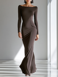 שמלות ג'רסי צמודה לנשים בצבע חום שוקולד עם צווארון רחב וצמוד אנכי, שמלת קוקטייל מודרנית ורב-תכליתית באורך רצפה MDZ2653F0LYL