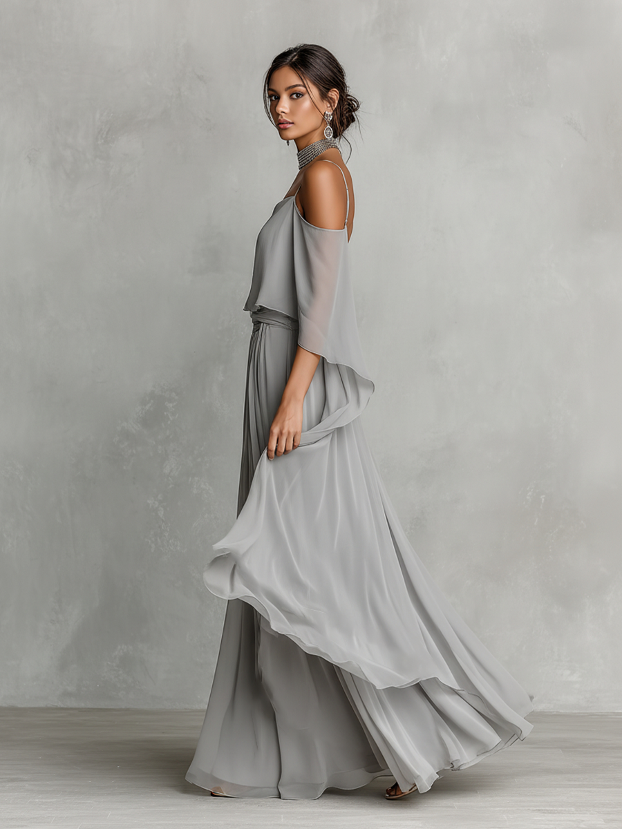סט chiffon אפור לנשים עם פרטי כתף קרה וסילואט מתרחב, סט סגנון נשי-מודרני יוקרתי MDZ2651B6I