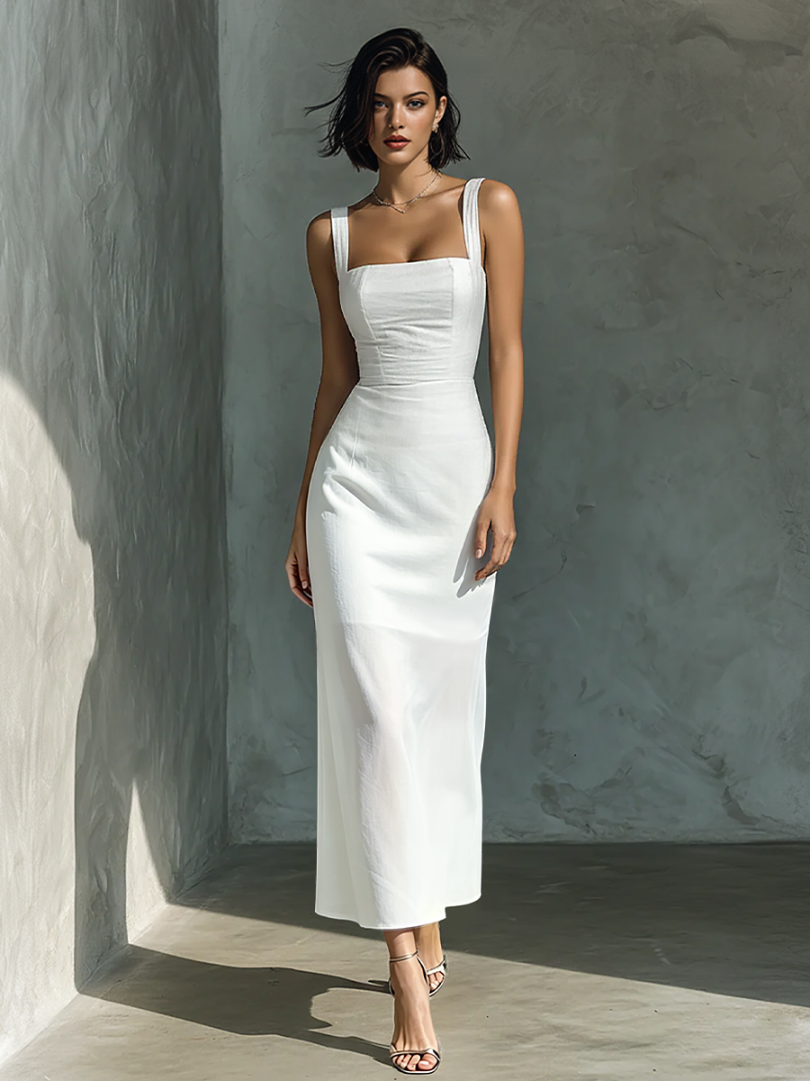 שמלה Midi ללא שרוולים לנשים מבד כותנה ולינן בלבן פשוט MDZ1204A3BA