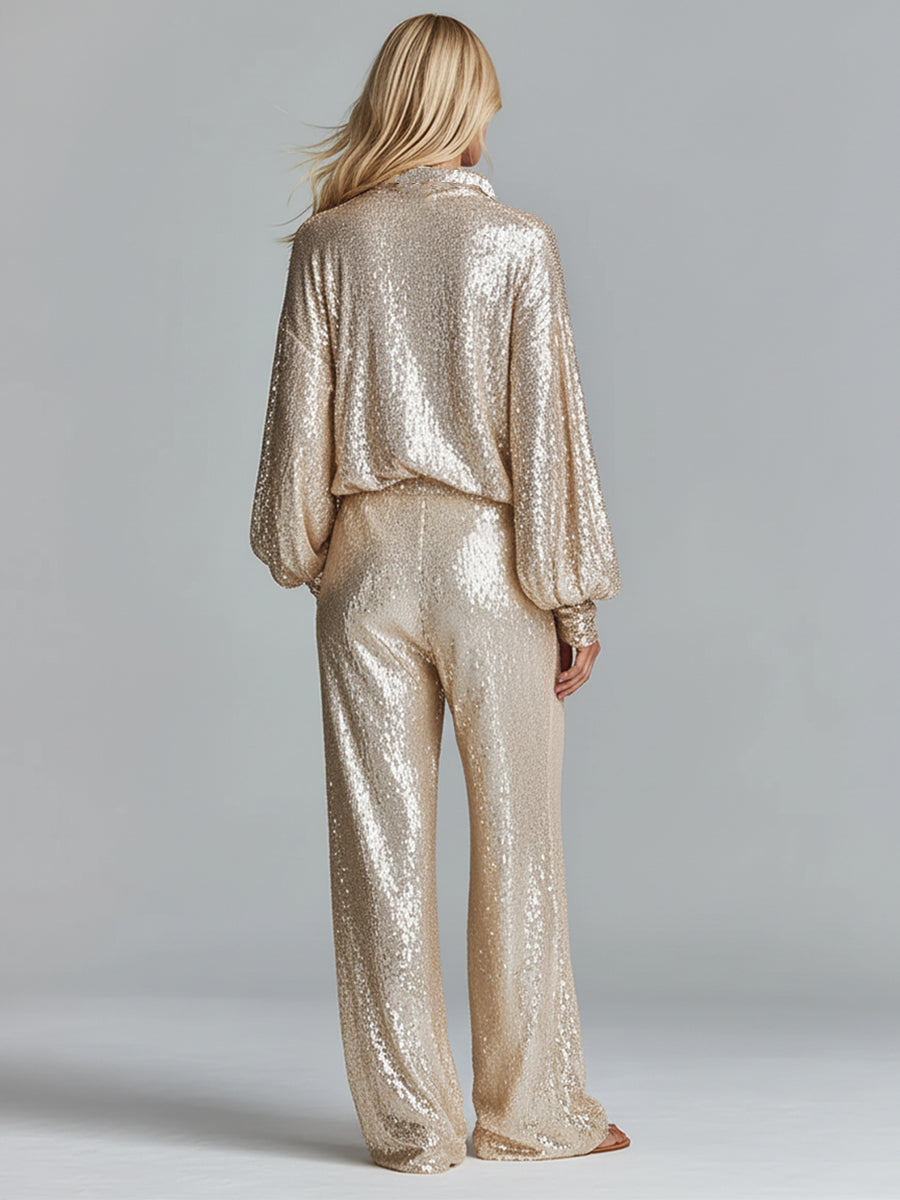 סט מסיבת לונג'רי לנשים עם קולר ו sequins זהב מבריק - חצי רוכסן ורגל רחבה MDA2425I0I