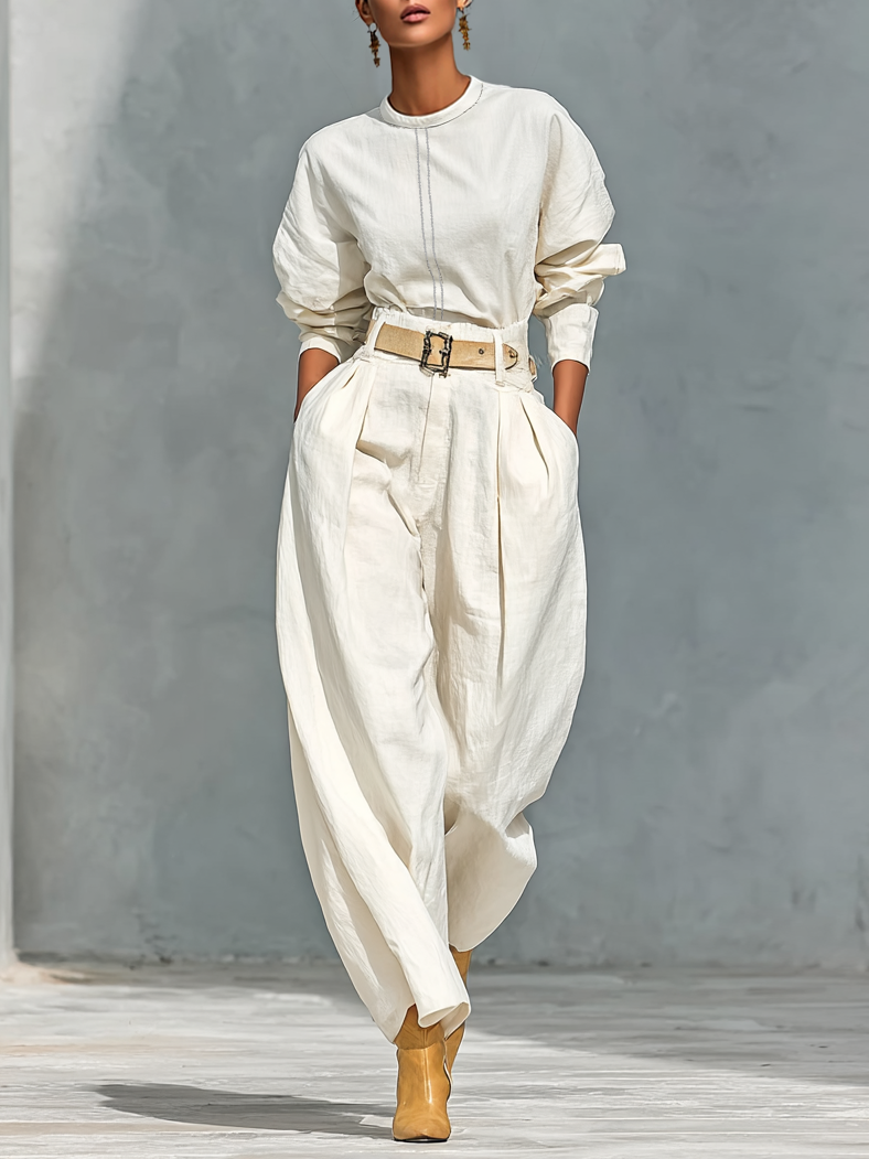 סט חולצת שרוול ארוך עם צווארון עגול ומכנסיים רחבים מעורב כותנה ולינן לנשים (חגורה לא כלולה) MDA2555G6Y