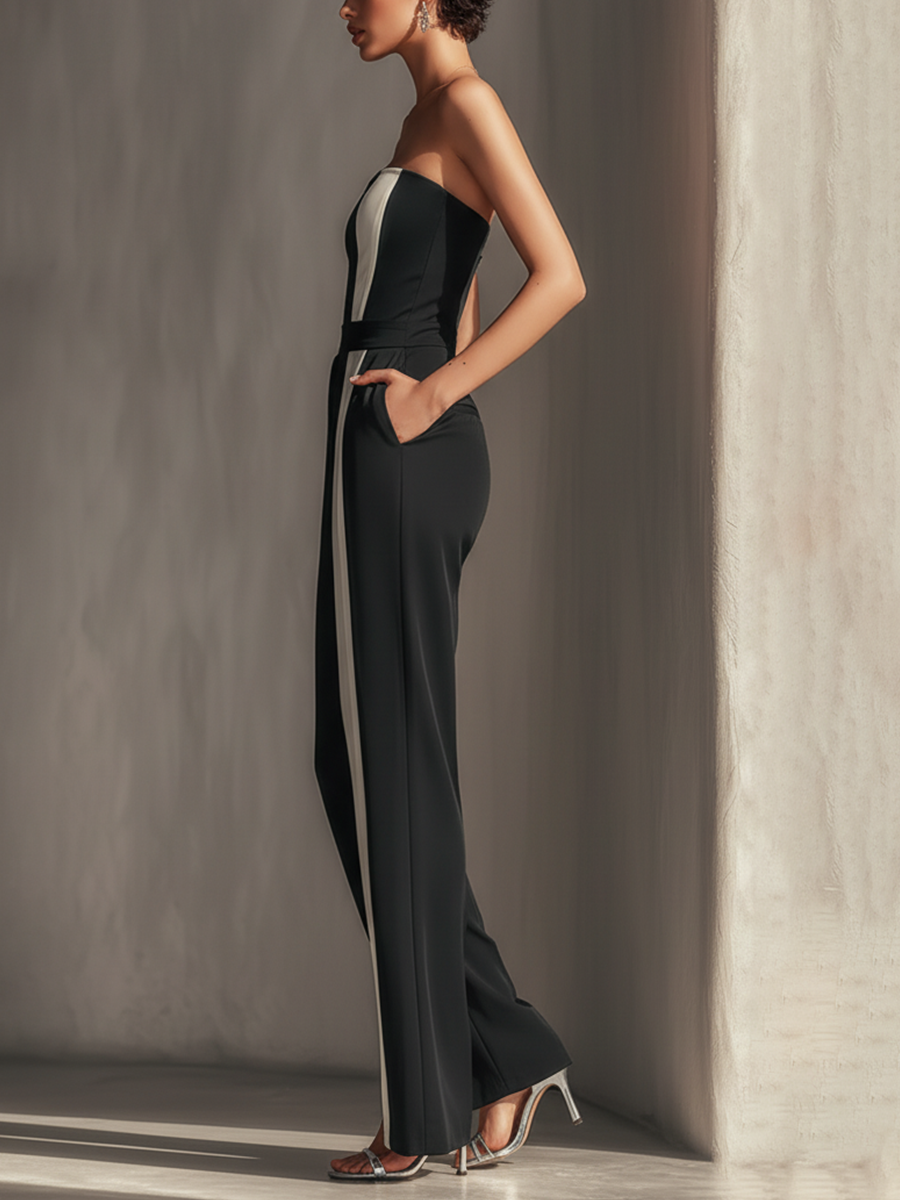 jumpsuit ללא רצועות נשים בשחור עם פסים אנכיים לבנים מנוגדים וכיסים צדדיים MDZ0336C7T