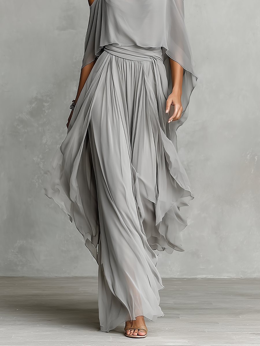 סט chiffon אפור לנשים עם פרטי כתף קרה וסילואט מתרחב, סט סגנון נשי-מודרני יוקרתי MDZ2651B6I
