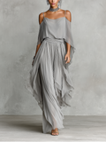 סט chiffon אפור לנשים עם פרטי כתף קרה וסילואט מתרחב, סט סגנון נשי-מודרני יוקרתי MDZ2651B6I
