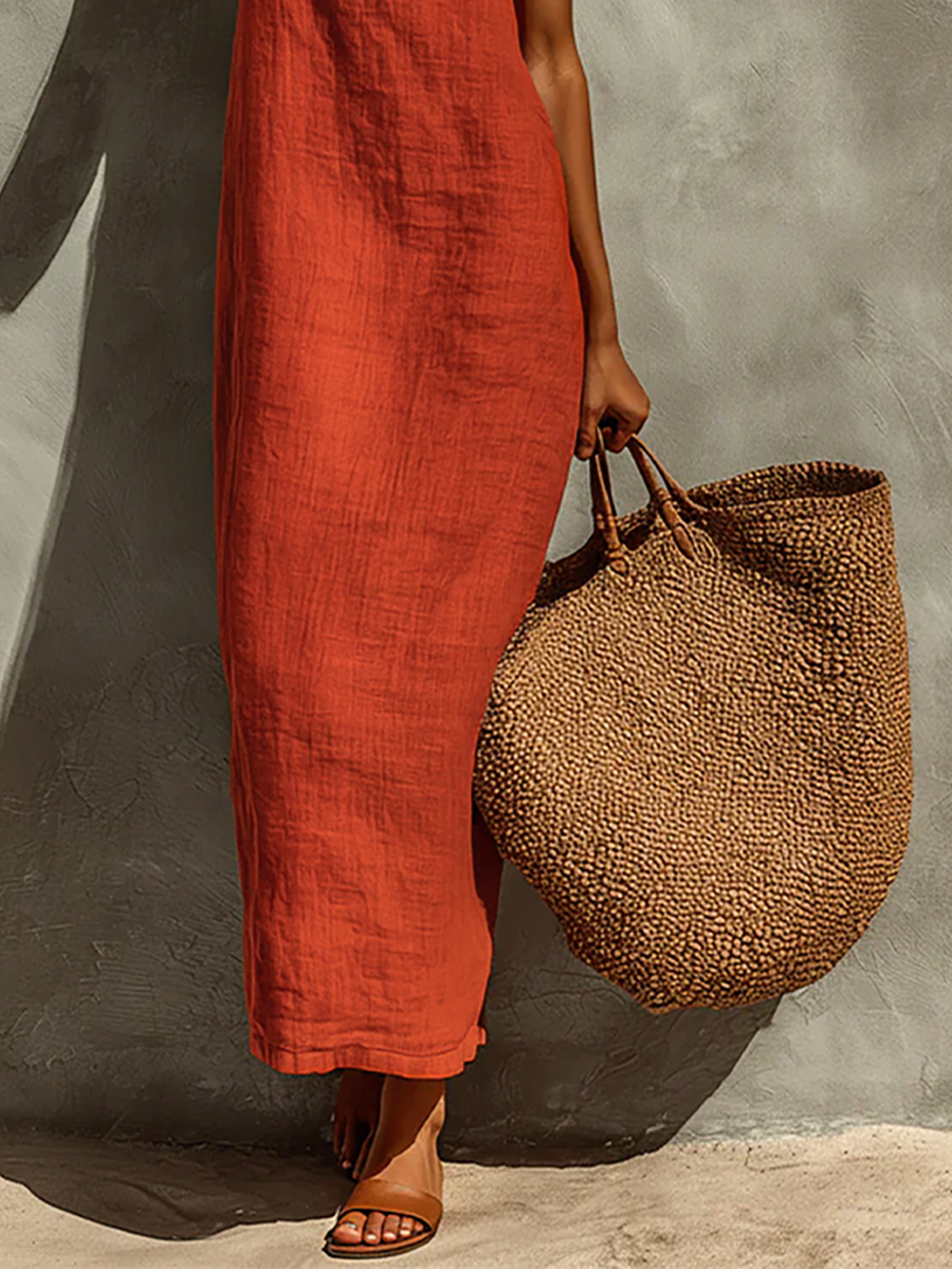 שמלת כותנה אדומה לנשים עם רצועות ספגטי וצווארון מרובע, שמלת בוהו-ריזורט נצחית MDZ0924C3I
